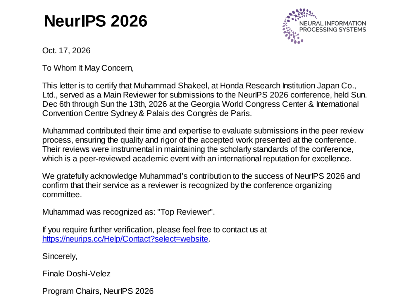 NeurIPS 2026 Top Reviewer Recognition